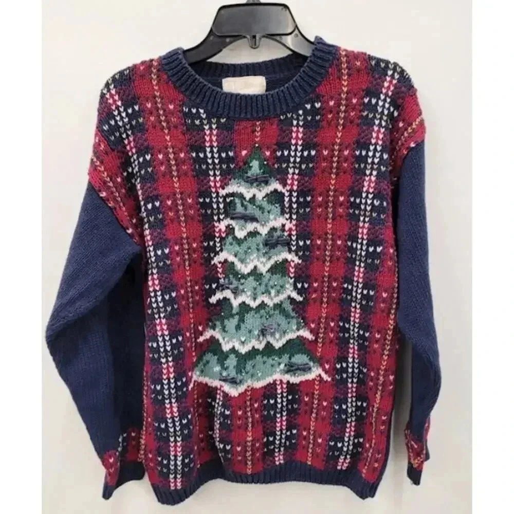 Vintage Christmas Tree Cotton Plaid Ugly Christmas Sweater - M 🎄